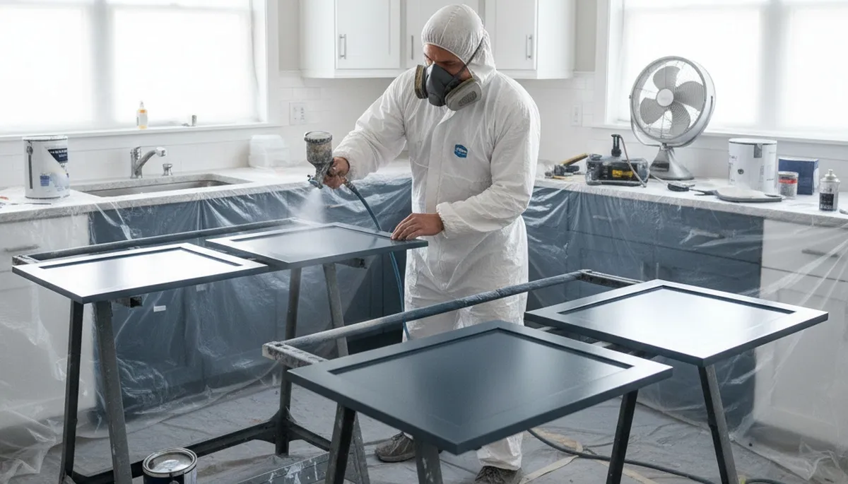 Professional cabinet painting process in Hoboken NJ using spray and brush techniques for smooth finishes