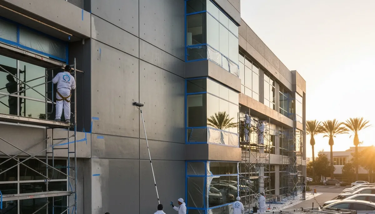 Professional commercial painters finishing an office exterior in Hoboken, NJ