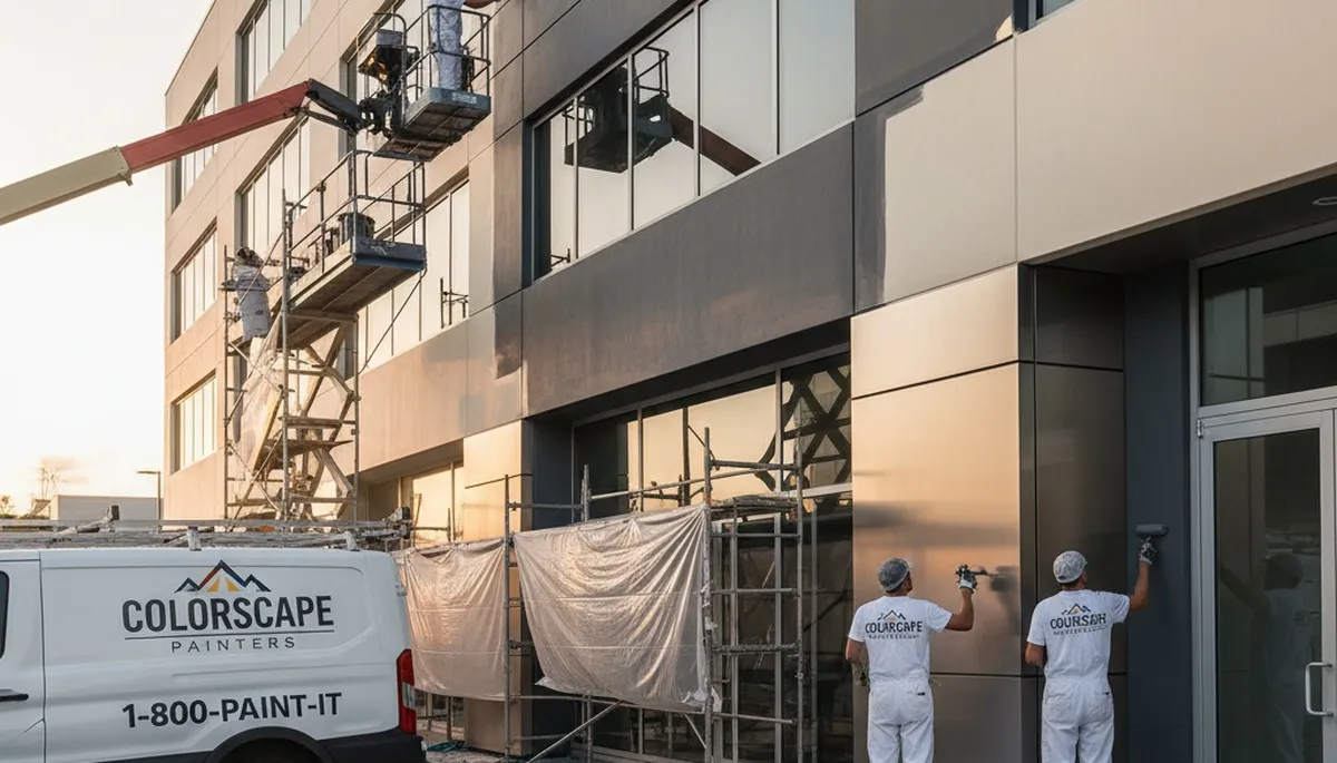 Professional commercial painters finishing office building exterior in Hoboken, NJ