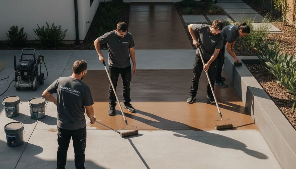 Professional concrete staining on residential patio in Hoboken, NJ by local house painting experts