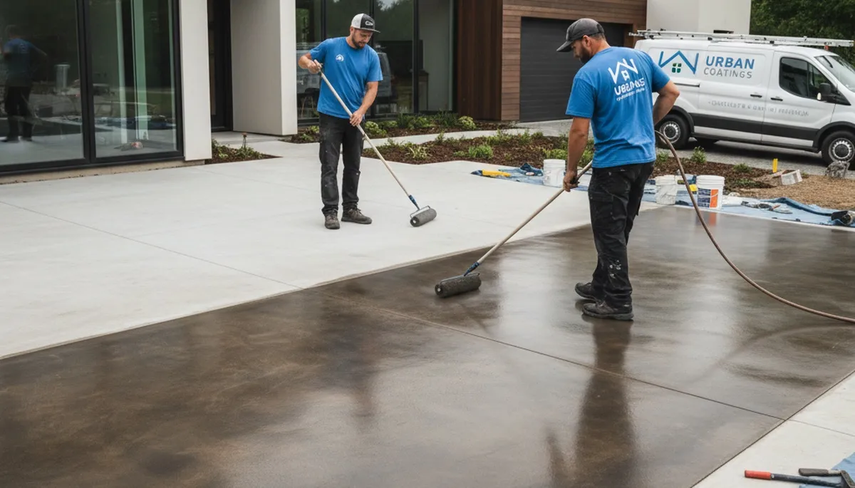 Professional concrete staining on residential garage floor in Hoboken, NJ by local painting experts
