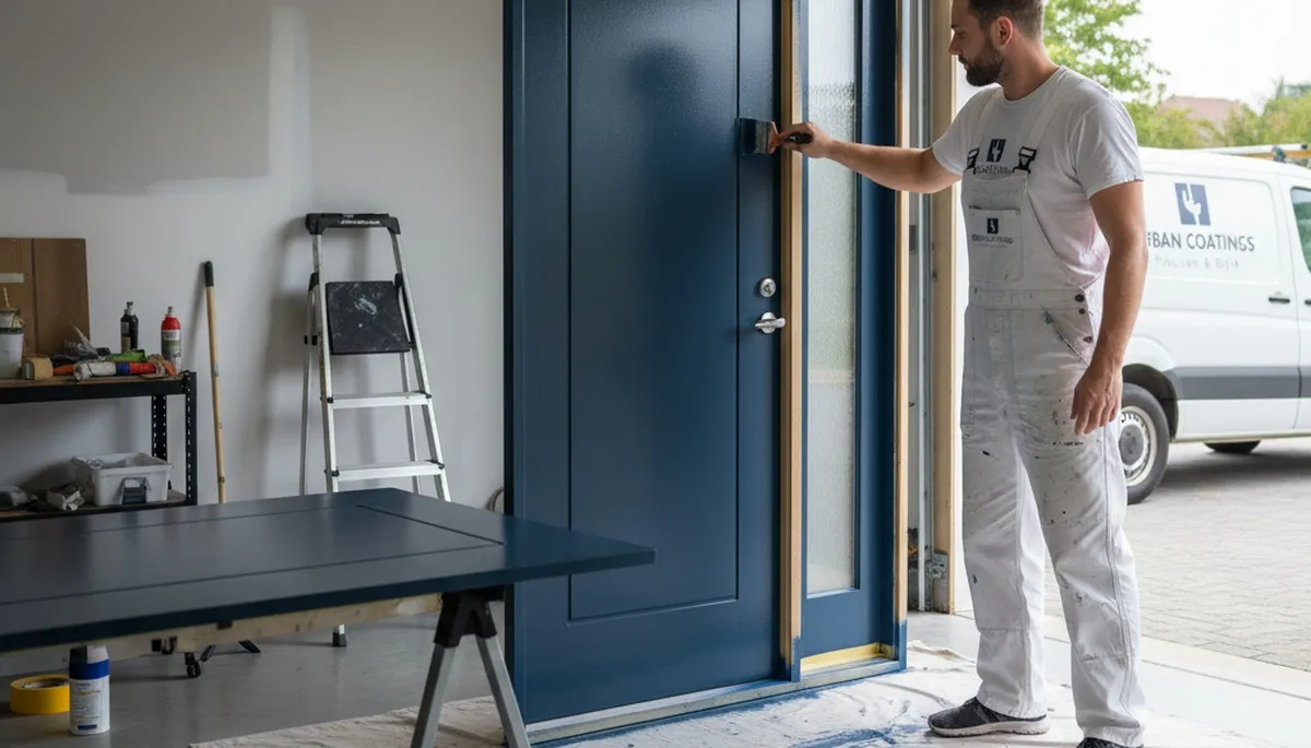 Professional door painting service in Hoboken, NJ showcasing freshly refinished residential entry door
