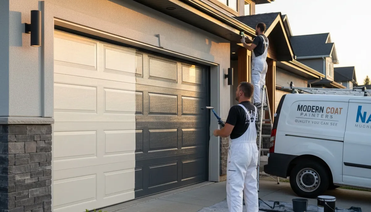 Professional painter refinishing a garage door in Hoboken, NJ for improved curb appeal and durability