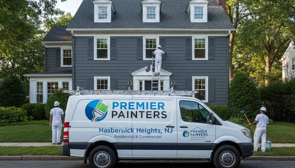 Professional house painters working on exterior home in Hoboken, NJ
