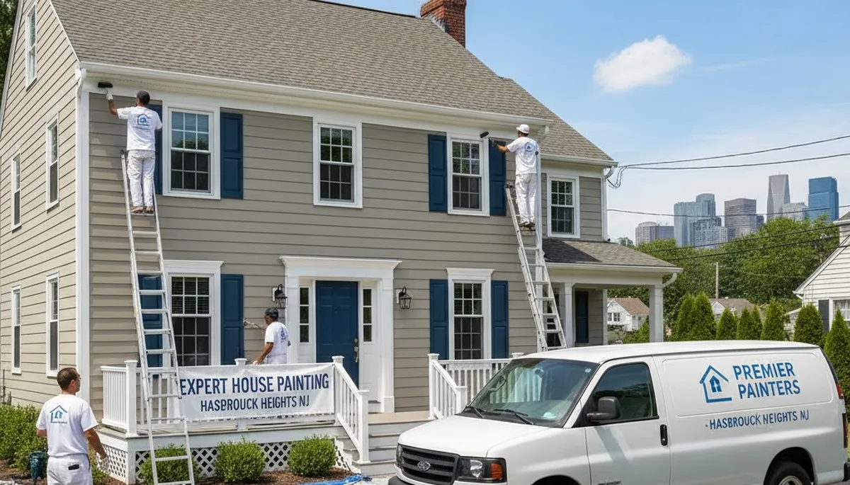Professional house painters working on exterior home in Hoboken, NJ