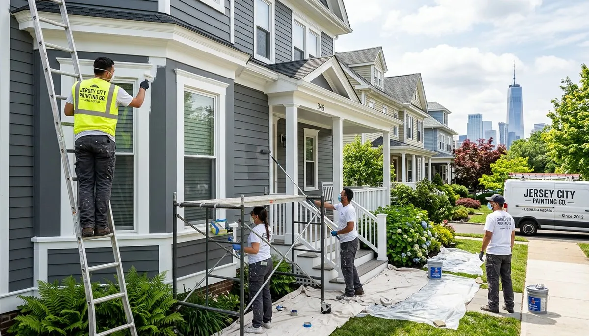 Professional house painters working on residential exterior in Hoboken, NJ