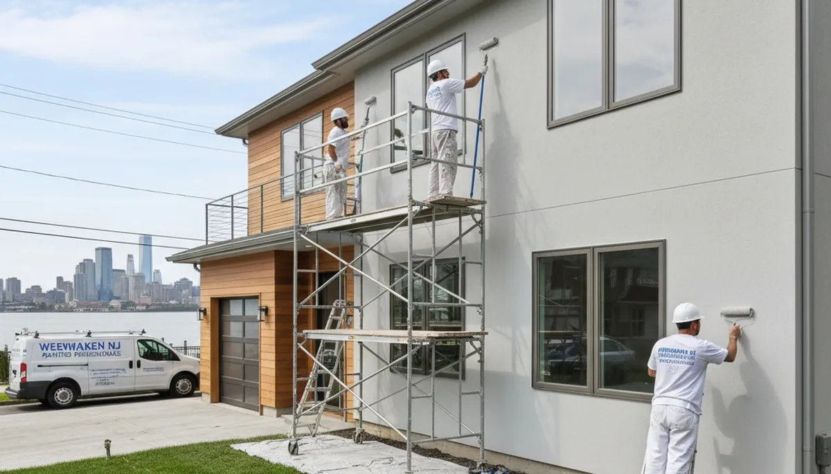 Professional house painters working on residential exterior in Hoboken, NJ