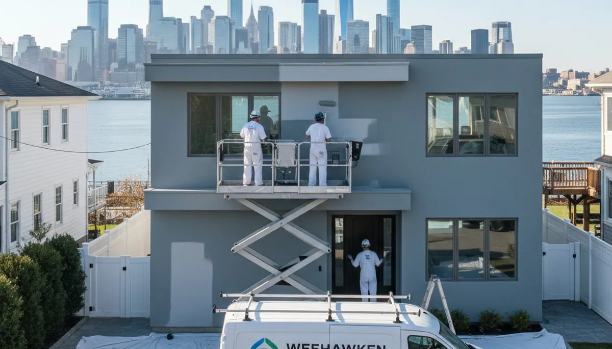 Professional house painters refreshing home exterior in Hoboken, NJ