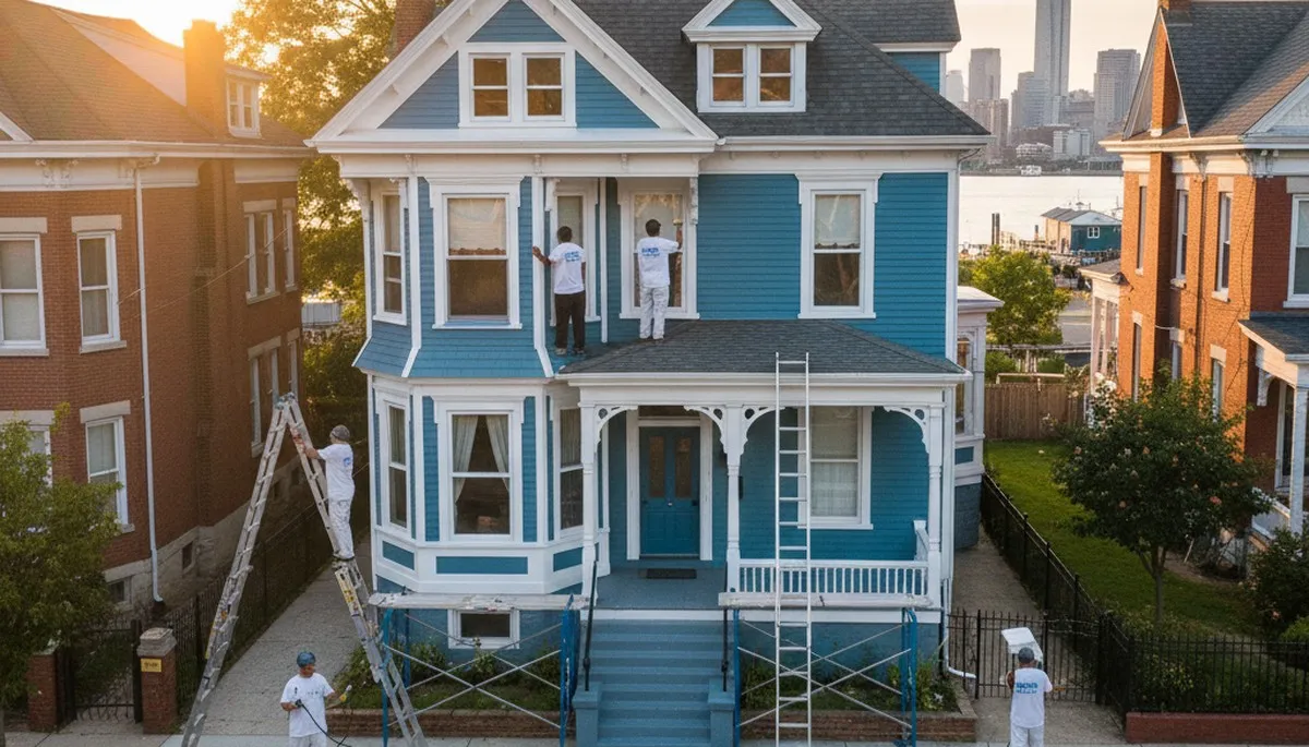 Professional house painters working on residential exterior in Hoboken, NJ