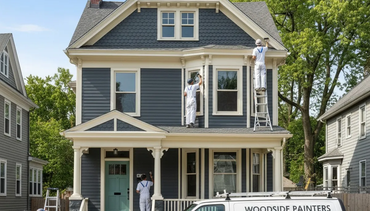 Professional house painters working on a residential exterior in Hoboken, NJ