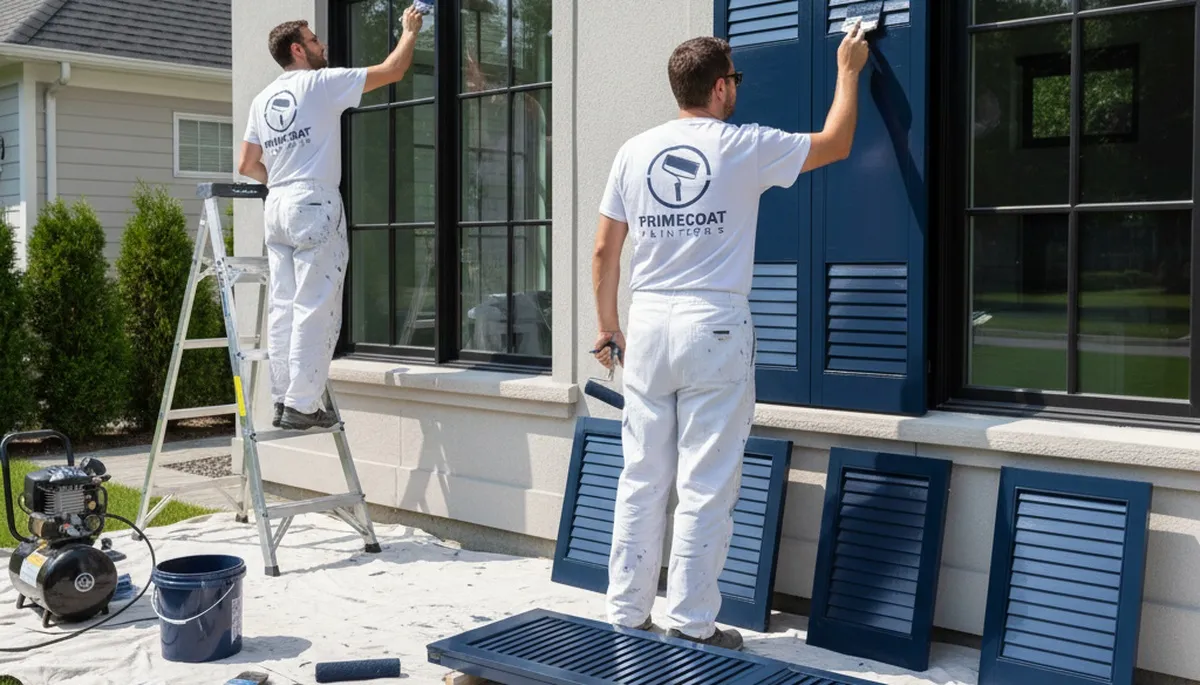 Professional painters refinishing exterior shutters in Hoboken, NJ for durable coastal home protection