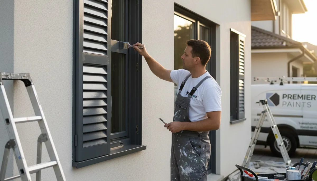 Professional painters refinishing exterior shutters in Hoboken, NJ for durable coastal home protection