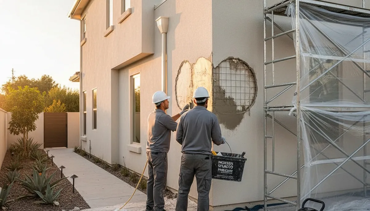 Professional stucco repair on Hoboken NJ home exterior by expert house painters restoring curb appeal
