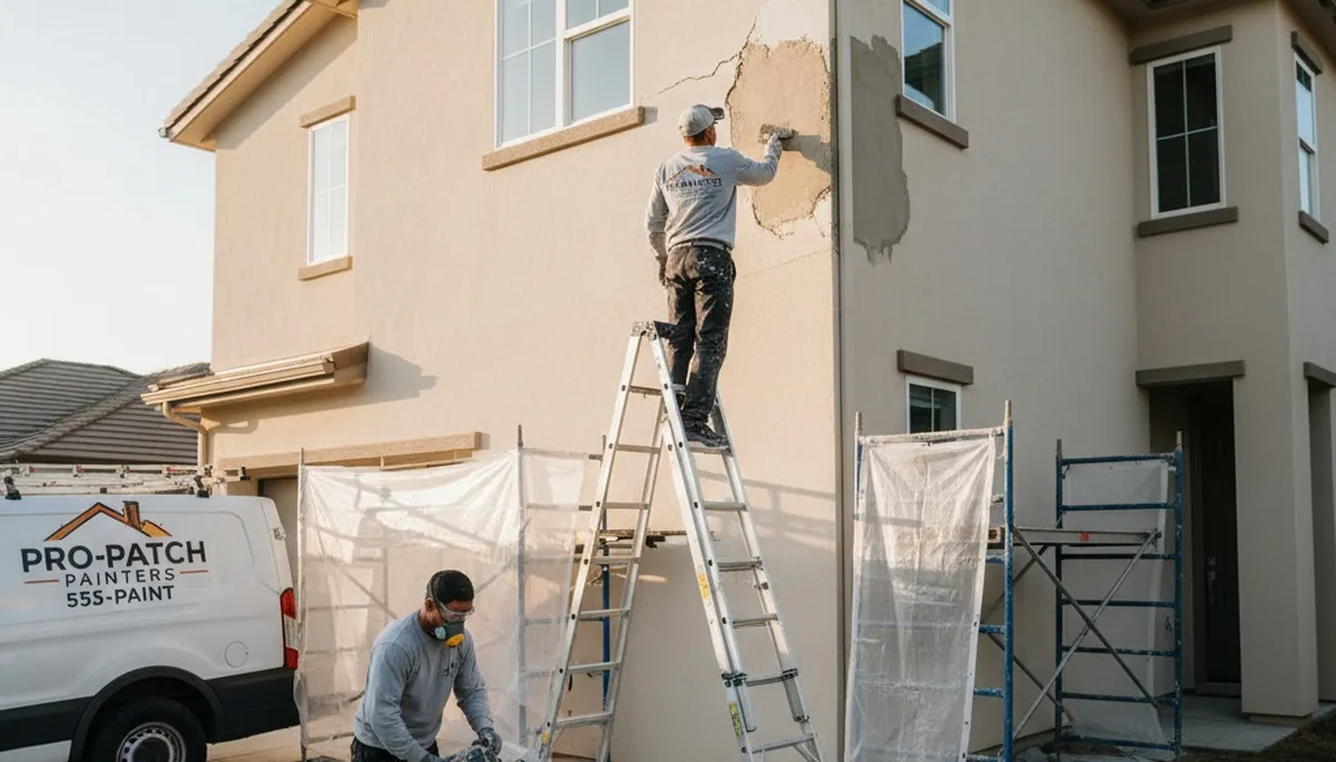 Professional stucco repair on Hoboken NJ home exterior by local house painting experts