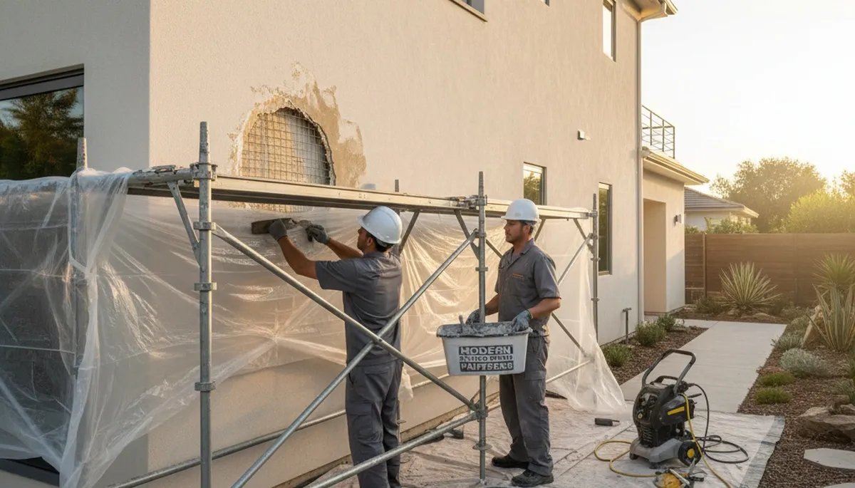 Professional stucco repair on Hoboken NJ home exterior by expert house painters restoring curb appeal